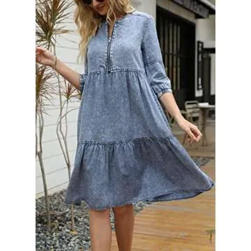 chouyatou Women's Vintage Washed Loose Fit 3/4 Sleeve Tiered Babydoll Mini Denim Jean Dress (Small, Blue)