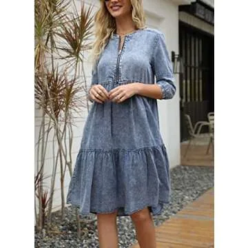 chouyatou Women's Vintage Washed Loose Fit 3/4 Sleeve Tiered Babydoll Mini Denim Jean Dress (Small, Blue)