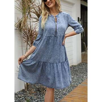 chouyatou Women's Vintage Washed Loose Fit 3/4 Sleeve Tiered Babydoll Mini Denim Jean Dress (Small, Blue)