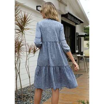 chouyatou Women's Vintage Washed Loose Fit 3/4 Sleeve Tiered Babydoll Mini Denim Jean Dress (Small, Blue)