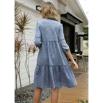 chouyatou Women's Vintage Washed Loose Fit 3/4 Sleeve Tiered Babydoll Mini Denim Jean Dress (Small, Blue)