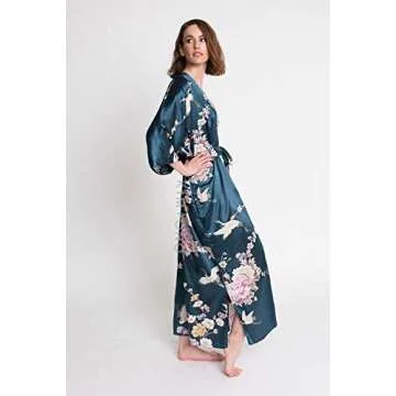 OLDSHANGHAI Women's Satin Kimono Robe Long - Floral - Chrysanthemum & Crane - Navy (Blue), Satin Kimono Robes for Women with Floral Designs, 52 inches in Length, One Size Fits Most.