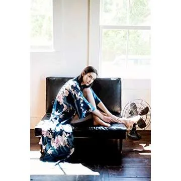 OLDSHANGHAI Women's Satin Kimono Robe Long - Floral - Chrysanthemum & Crane - Navy (Blue), Satin Kimono Robes for Women with Floral Designs, 52 inches in Length, One Size Fits Most.