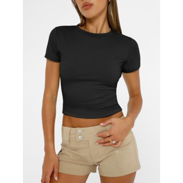 Trendy Queen Womens Basic T Shirts Summer Tops 2025 Short Sleeve Crop Tops Slim Fit Gym Workout Y2k ...