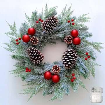 Christmas Wreath with Lights 24 Inch PreLit Christmas Wreaths for Front Door with Large Pinecones an...