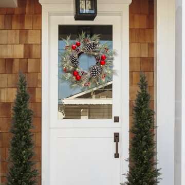 Christmas Wreath with Lights 24 Inch PreLit Christmas Wreaths for Front Door with Large Pinecones and Snowy Flocked, Battery Operated 40 LED Lights, Holiday Decoration for Fireplace Xmas Decor