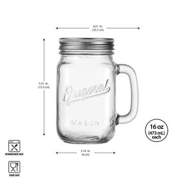 Glaver's Mason Jar 16 Oz. Glass Mugs with Handle and Lid Set Of 6 Old Fashioned Drinking Glass Bottl...