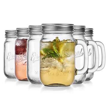 Glaver's Mason Jar Glass Mugs Set of 6 - 16 Oz with Lid