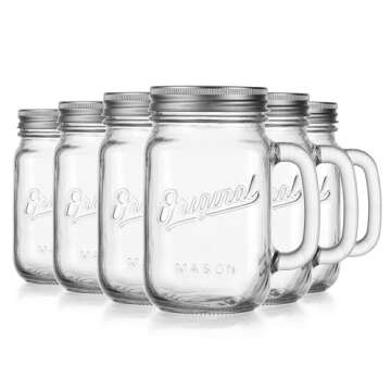 Glaver's Mason Jar Glass Mugs Set of 6 - 16 Oz with Lid