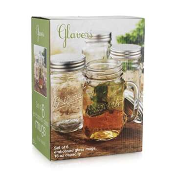 Glaver's Mason Jar Glass Mugs Set of 6 - 16 Oz with Lid