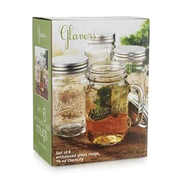 Glaver's Mason Jar Glass Mugs Set of 6 - 16 Oz with Lid
