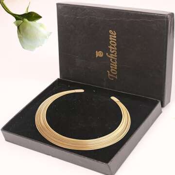 Touchstone Gold Necklace for Woman Collar Statement Trendy Womens Neck Goddess Elegant Jewelry Fashion Ancient Women Strand Chunky Elegant Torque chokers Necklaces in Antique Gold Tone