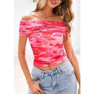 PRETTYGARDEN Off The Shoulder Tops for Women 2025 Summer Short Sleeve Ruched Slim Fit Shirts Blouses Y2K Going Out Top (Floral Pink,Small)