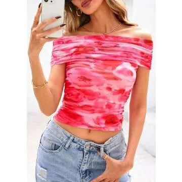 PRETTYGARDEN Off The Shoulder Tops for Women 2025 Summer Short Sleeve Ruched Slim Fit Shirts Blouses Y2K Going Out Top (Floral Pink,Small)