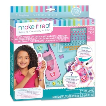 3C4G Make It Real Flip Phone Lip Gloss Set & DIY Lanyard - 7 Strawberry-Scented Lip Gloss Colors - D...