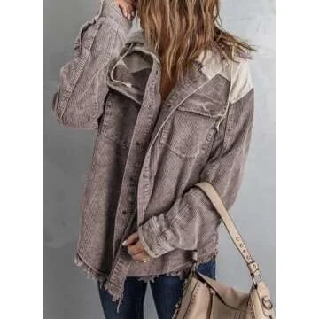 Dokotoo Winter Fall 2024 Coats for Women Fashion Casual Long Sleeve Flannel Shirts Contrast Color Block Oversized Button Down Hooded Fleece Corduroy Shacket Jackets with Pockets Brown Medium