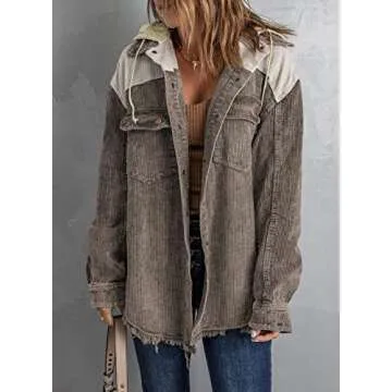 Dokotoo Winter Fall 2024 Coats for Women Fashion Casual Long Sleeve Flannel Shirts Contrast Color Block Oversized Button Down Hooded Fleece Corduroy Shacket Jackets with Pockets Brown Medium