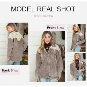 Dokotoo Winter Fall 2024 Coats for Women Fashion Casual Long Sleeve Flannel Shirts Contrast Color Block Oversized Button Down Hooded Fleece Corduroy Shacket Jackets with Pockets Brown Medium