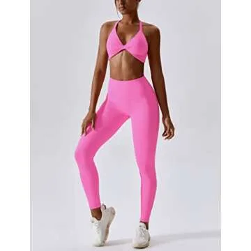 ABOCIW Workout Sets for Women V-Neck Twist Front Strappy Criss-Cross Back Sport Bra Tummy Conrol High Waist Leggings 2 Piece Exercise Gym Yoga Outfit Pink Small