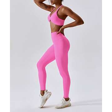 ABOCIW Workout Sets for Women V-Neck Twist Front Strappy Criss-Cross Back Sport Bra Tummy Conrol High Waist Leggings 2 Piece Exercise Gym Yoga Outfit Pink Small