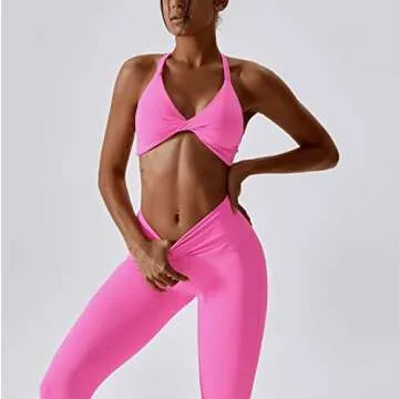 ABOCIW Workout Sets for Women V-Neck Twist Front Strappy Criss-Cross Back Sport Bra Tummy Conrol High Waist Leggings 2 Piece Exercise Gym Yoga Outfit Pink Small