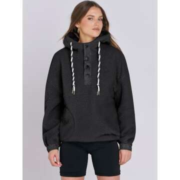 ANRABESS Womens Sherpa Fuzzy Fleece Hoodie Oversized Sweatshirt Cozy Button Sweater Pullover with Pocket 2024 Fall Trendy Black Medium