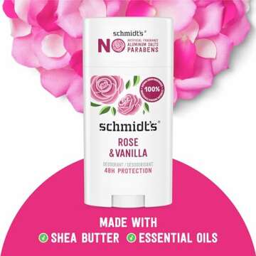 Schmidt's Aluminum-Free Vegan Deodorant Rose & Vanilla with 24 Hour Odor Protection 2 Count for Women and Men, Natural Ingredients, Cruelty-Free, 2.65 oz
