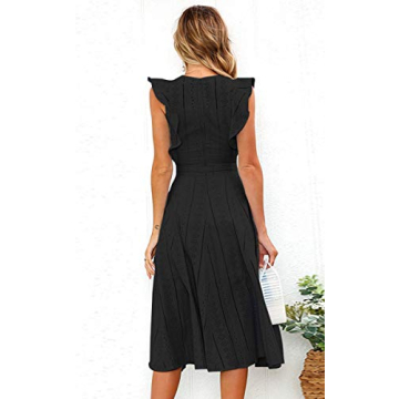 ECOWISH Women's Summer Dresses 2025 Elegant Lady Wedding Guest Cocktail Ruffle Cap Sleeves A-Line Office Midi Dress Black Large