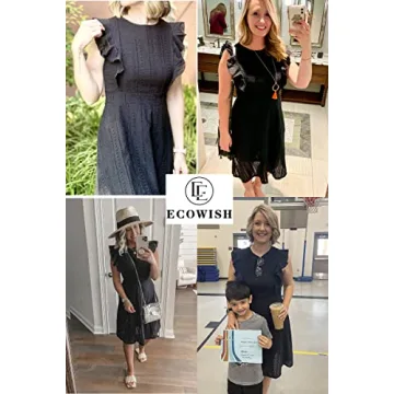 ECOWISH Women's Summer Dresses 2025 Elegant Lady Wedding Guest Cocktail Ruffle Cap Sleeves A-Line Office Midi Dress Black Large