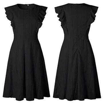 ECOWISH Women's Summer Dresses 2025 Elegant Lady Wedding Guest Cocktail Ruffle Cap Sleeves A-Line Office Midi Dress Black Large