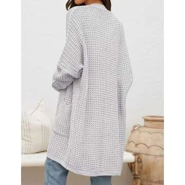 ZESICA Women's Fall Long Batwing Sleeve Open Front Chunky Knit Cardigan Sweater,B&LightGrey,Small