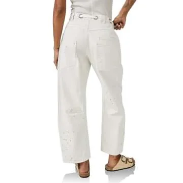 PLNOTME Womens Baggy Barrel Horseshoe Jeans Wide Leg Patchwork Low Rise Denim Pants with Pockets White