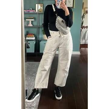 PLNOTME Womens Baggy Barrel Horseshoe Jeans Wide Leg Patchwork Low Rise Denim Pants with Pockets White