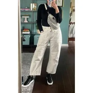 PLNOTME Womens Baggy Barrel Horseshoe Jeans Wide Leg Patchwork Low Rise Denim Pants with Pockets White