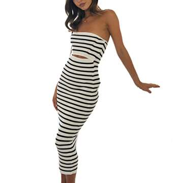 Women Strapless Crochet Long Dress Sleeveless Knit Cut Out Maxi Dress Bodycon Fitted Y2K Summer Party Beach Dresses (Hallowout Striped Black, M)