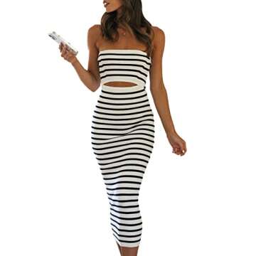 Women Strapless Crochet Long Dress Sleeveless Knit Cut Out Maxi Dress Bodycon Fitted Y2K Summer Party Beach Dresses (Hallowout Striped Black, M)
