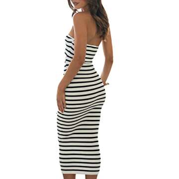 Women Strapless Crochet Long Dress Sleeveless Knit Cut Out Maxi Dress Bodycon Fitted Y2K Summer Party Beach Dresses (Hallowout Striped Black, M)