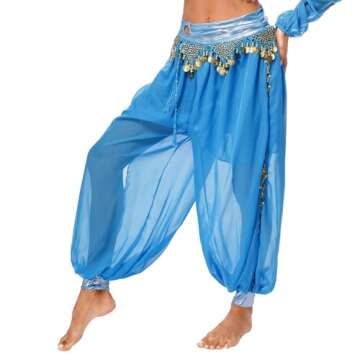 Hedmy Women's Belly Dance Harem Pants Shiny Sequin Tassel Trouser Arabic Performance Loose Pants (US, Alpha, One Size, Regular, Regular, Sky Blue)