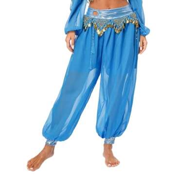 Hedmy Women's Belly Dance Harem Pants Shiny Sequin Tassel Trouser Arabic Performance Loose Pants (US, Alpha, One Size, Regular, Regular, Sky Blue)