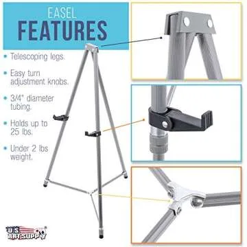 U.S. Art Supply 66" High Gallery Silver Aluminum Display Easel and Presentation Stand - Large Adjustable Height Portable Tripod, Holds 25 lbs - Floor and Tabletop, Display Paintings, Signs, Posters