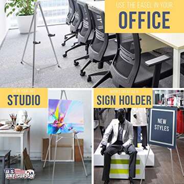 U.S. Art Supply 66" High Gallery Silver Aluminum Display Easel and Presentation Stand - Large Adjustable Height Portable Tripod, Holds 25 lbs - Floor and Tabletop, Display Paintings, Signs, Posters