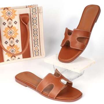 ZASEPY Flat Sandals for Women Comfortable Womens Sandals Dressy Summer Sandals Open Toe Leather Slide Sandals Casual for Vacation, Travel, Beach, Brown