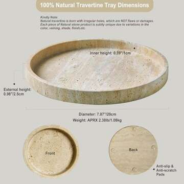 Real Travertine Tray for Jewelry, 7.9 Inch Round Marble Tray Trinket Dish, Vanity Tray for Women's G...