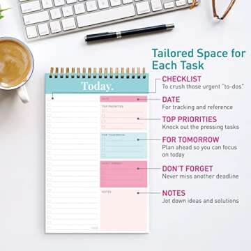 S&O Daily Planner Notepad for Productivity - 52 Page Routine To Do List - Undated Writing pad and Organizer - Every dayTo Do List Scheduler- Coiled Task Planner - Regular calendar Planner - TEAL