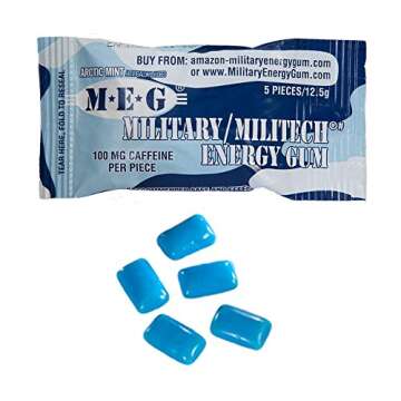 MEG - Military Energy Gum | 100mg of Caffeine Per Piece + Increase Energy + Boost Physical Performance + Arctic Mint 8 Pack (40 Count)