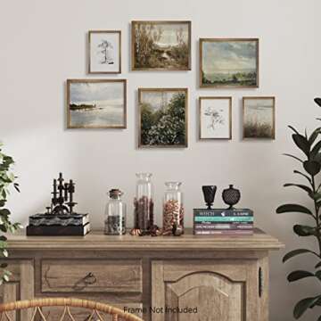 Rustic French Country Wall Art Decor - Boho Art Deco Victoria Picture Bathroom - Modern Farmhouse Kitchen Poster Print Set - Aesthetic Vintage Landscape - Green Spring Summer Nature Lake Meadow Sketch