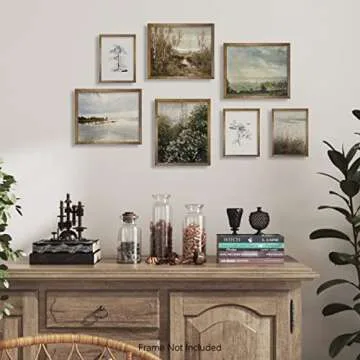 Rustic French Country Wall Art Decor - Boho Art Deco Victoria Picture Bathroom - Modern Farmhouse Kitchen Poster Print Set - Aesthetic Vintage Landscape - Green Spring Summer Nature Lake Meadow Sketch