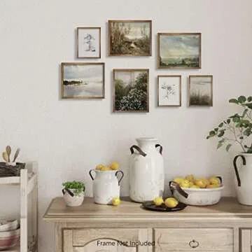 Rustic French Country Wall Art Decor - Boho Art Deco Victoria Picture Bathroom - Modern Farmhouse Kitchen Poster Print Set - Aesthetic Vintage Landscape - Green Spring Summer Nature Lake Meadow Sketch