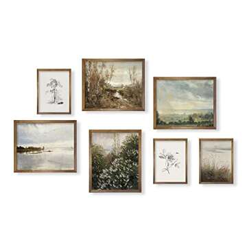 Rustic French Country Wall Art Decor - Boho Art Deco Victoria Picture Bathroom - Modern Farmhouse Kitchen Poster Print Set - Aesthetic Vintage Landscape - Green Spring Summer Nature Lake Meadow Sketch