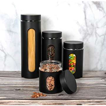 GADGETWIZ Glass Canister Set of 4 for Sugar, Matte Black Kitchen Counter Decor and Accessories
